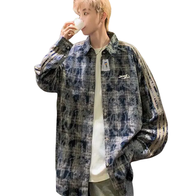 地界二 街头做旧格子拼接织带长袖男春秋季嘻哈痞帅休闲衬衣格子拼接做旧长袖衬衫 男款