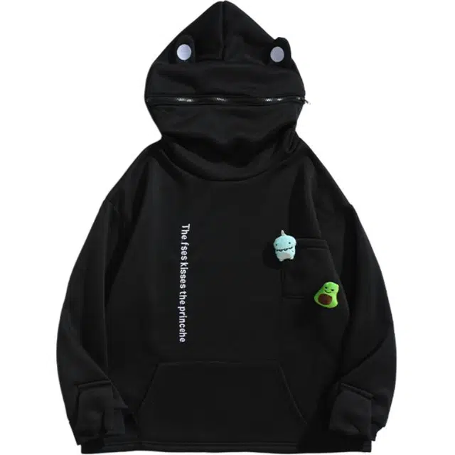地界二 卡通宽松加绒青蛙潮连帽设计感卫衣外套 男款