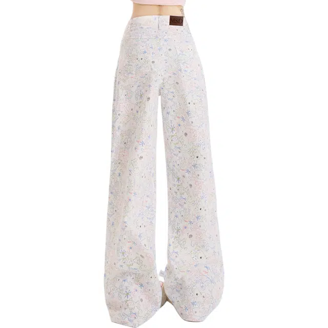 玫丝朵 日系涂鸦印花设计宽松直筒拖地牛仔裤 女款