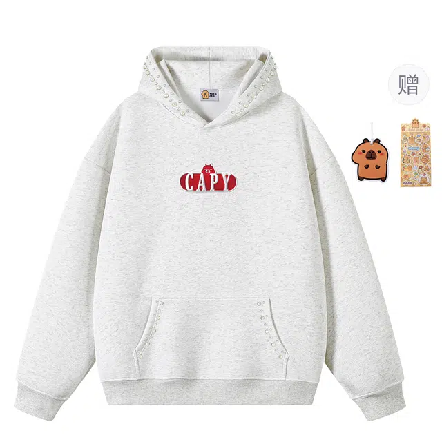 卡皮巴拉小黄豚 美式高街珍珠铆钉立体字母刺绣贴布绣花时尚高级潮牌复古嘻哈街头落肩学生休闲套头上衣纯棉舒适透气宽松连帽卫衣 男女同款