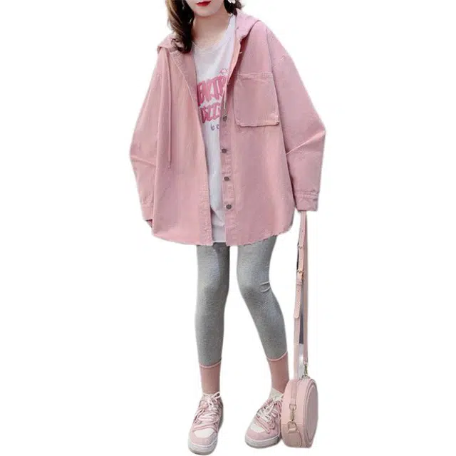 沐晓欣 洗水牛仔韩系连帽外搭上衣秋季女衬衫 女款