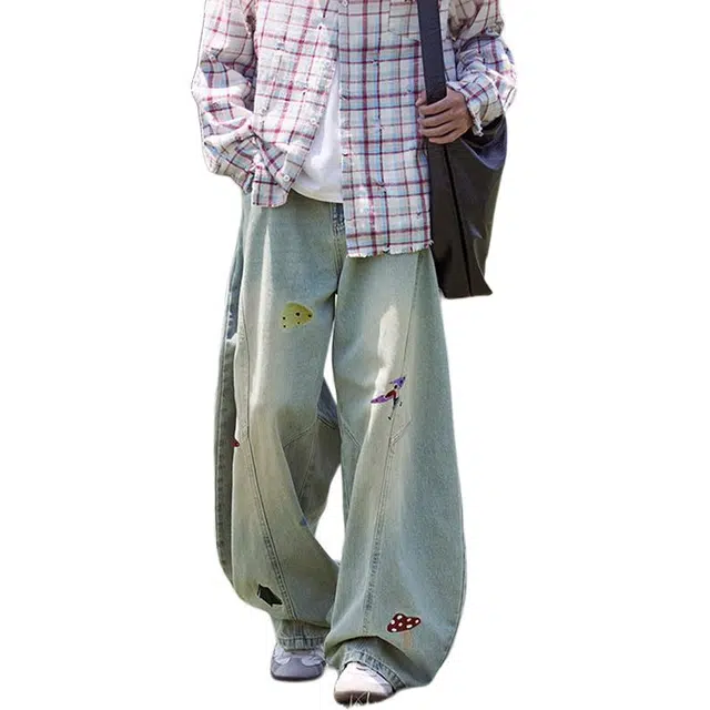 佐菲利 美式街头水洗做旧卡通刺绣解构设计感宽松休闲弯刀长裤牛仔裤 男女同款