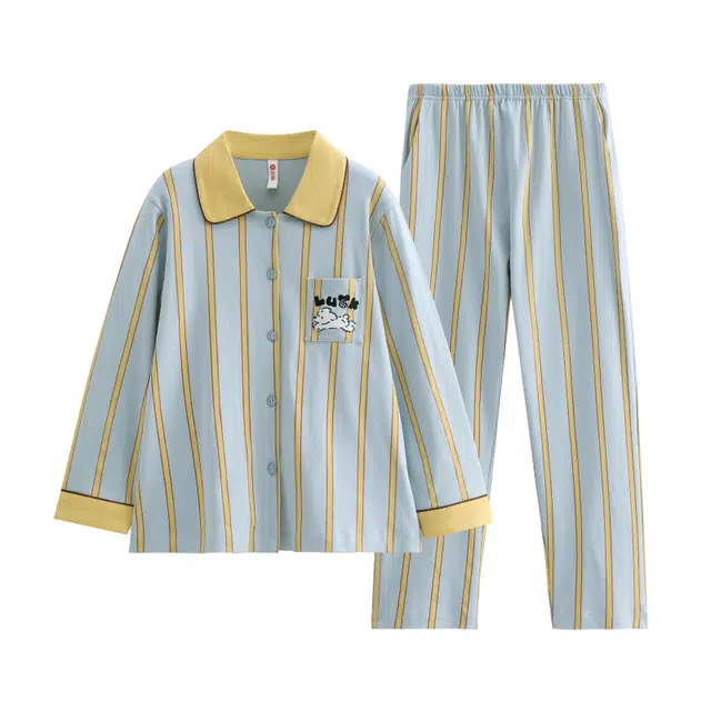 芬腾 女士纯棉春秋季长袖长裤宽松休闲大码开衫家居服睡衣套装 女款