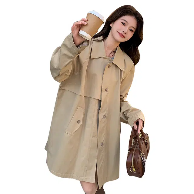 稻草人 韩系休闲宽松翻领单排扣设计感风衣外套 女款