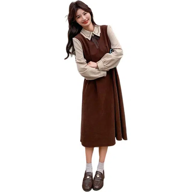 稻草人 撞色假两件设计氛围感穿搭长袖连衣裙 女款