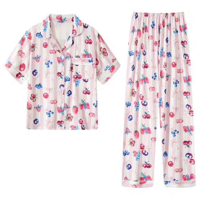 宫蝶 牛奶丝短袖甜美风家居服休闲条纹满印可外穿开衫睡衣套装 女款