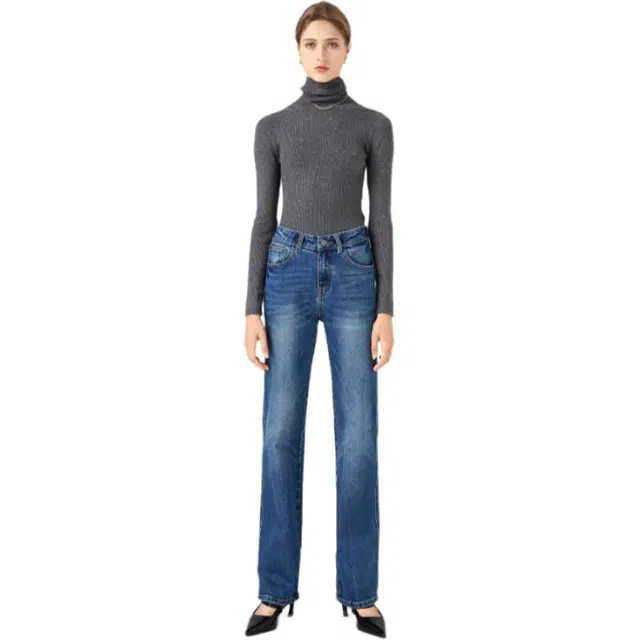 淑好百 宽松弹力直筒高腰牛仔裤 女款