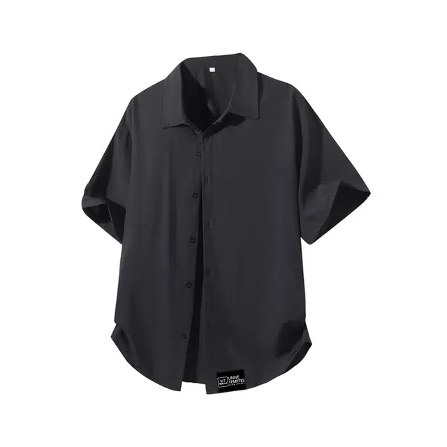 物质公式 美式复古高街潮牌标志纯色基础款学院宽松百搭慵懒风垂感休闲运动舒适柔软翻领开衫日常通勤高级感短袖潮流衬衫 男女同款