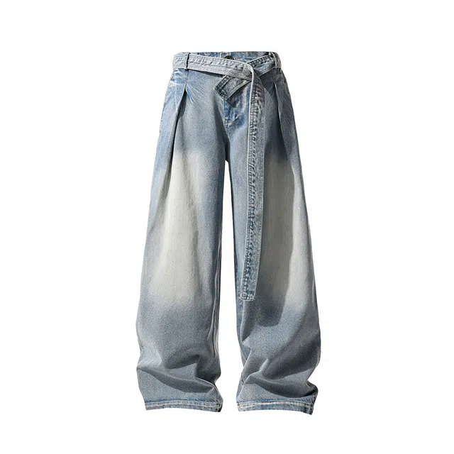 佐菲利 美式复古弯刀飘带设计感裤子高街垂感拖地阔腿长裤牛仔裤 男女同款