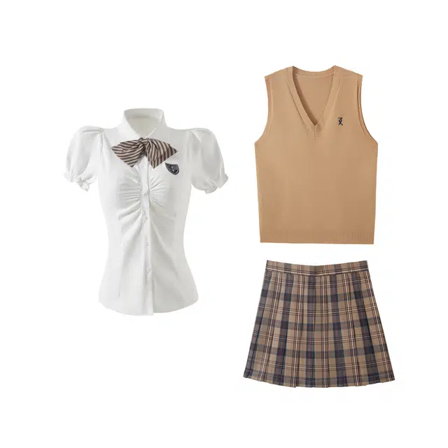 花山家的猫 日系校供感校园风甜美可爱修身显瘦百搭纯色马甲格子百褶裙制服 女款