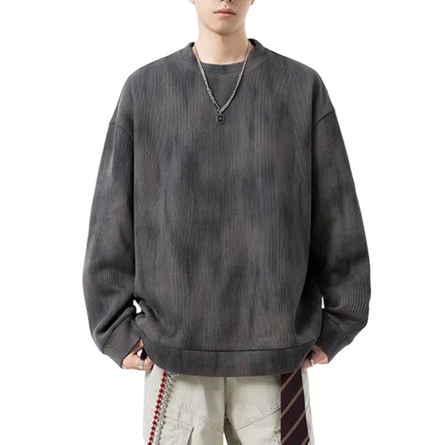 冈哉 条纹肌理感做旧扎染渐变设计美式学院风简约潮牌宽松休闲透气百搭圆领长袖卫衣 男女同款