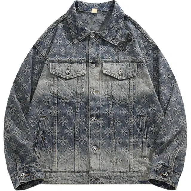 地界二 美式提花十字架重工痞帅小众设计感炸街夹克牛仔外套 男款