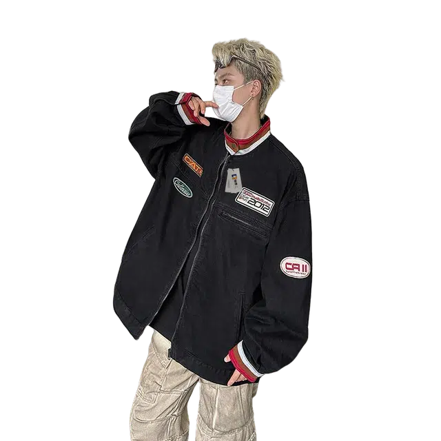 地界二 潮牌美式复古立领水洗做旧男秋季帅气赛车服夹克上衣立领水洗做旧常规宽松牛仔外套 男款