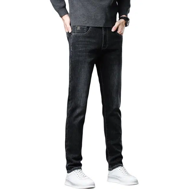 羽浅 秋冬厚款棉弹舒适百搭长裤时尚刺绣休闲弹力裤子潮流修身直筒牛仔裤 男款