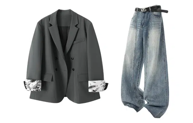 梓润格 韩系宽松休闲复古双排扣外套美式蓝拖地牛仔裤高街阔腿直筒设计感弯刀裤西装套装 男女同款