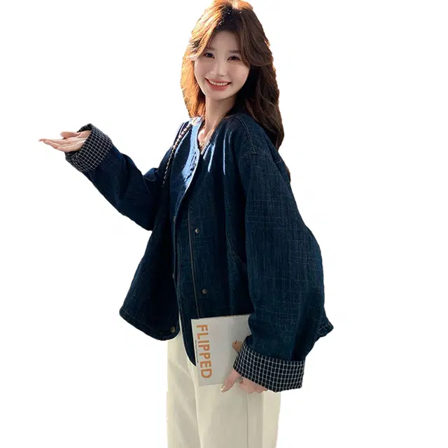 稻草人 韩系复古工装拼接夹克小个子宽松休闲款牛仔外套 女款