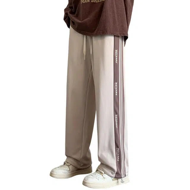 顶峰保罗 美式侧边条纹高街潮牌无性别主义宽松大码直筒运动长裤弹力抽绳显高百搭加绒加厚阔腿垂感休闲裤 男女同款