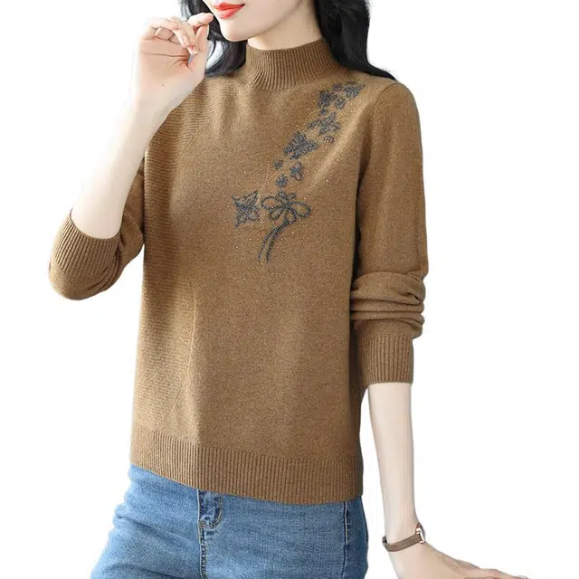 袋鼠 简约时尚宽松半高领纯色蝴蝶绣花质感羊毛针织衫 女款