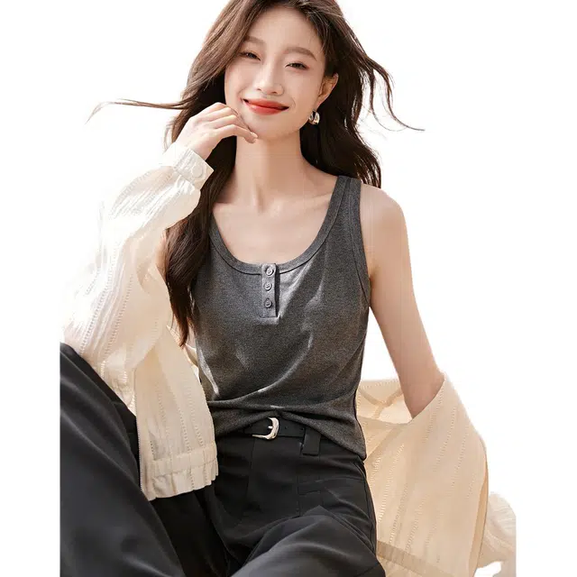 沫晗依美 纯色套头透气圆领圆领背心 女款 花灰色