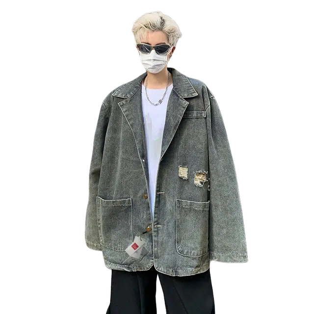 北极绒 美式复古破洞韩版潮流宽松痞帅水洗休闲百搭牛仔外套 男款