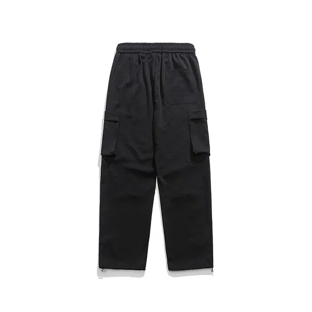 虫小绿 美式高街机能风纯色冰丝凉感户外立体大口袋褶皱简约宽松系带垂感阔腿直筒日常通勤百搭印花休闲裤 男女同款