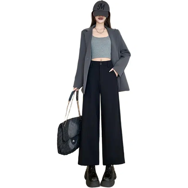 沐晓欣 西装阔腿裤女秋季窄版高腰小个子九分裤休闲裤 女款