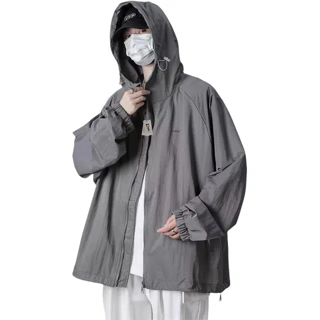 地界二 夏季户外轻薄透气衣男复古简约潮牌百搭休闲宽松连帽外套轻薄纯色收口袖宽松夹克 男款