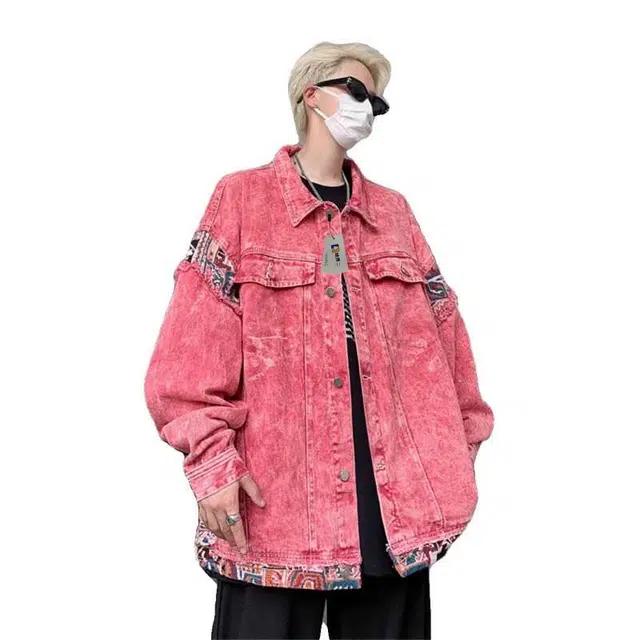 地界二 美式潮牌水洗男春秋季宽松百搭做旧休闲拼接夹克上衣粉色水洗宽松牛仔外套 男款