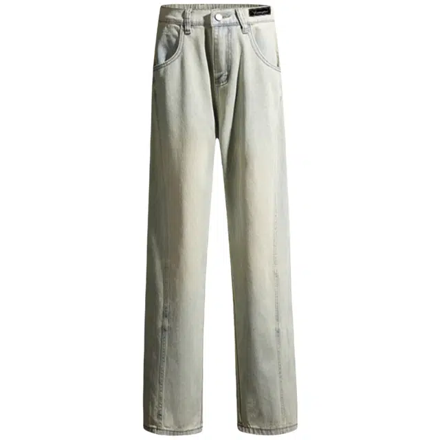 半空山 美式复古高街纯色解构拼接褶皱水洗做旧废土风垂感窄版弯刀微喇牛仔裤 男女同款