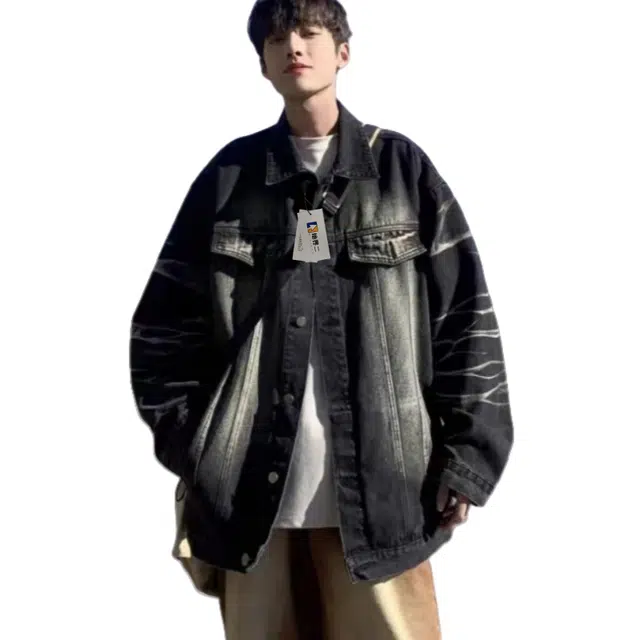地界二 渐变色秋季美式工装复古潮牌高级感情侣百搭牛仔外套 男款