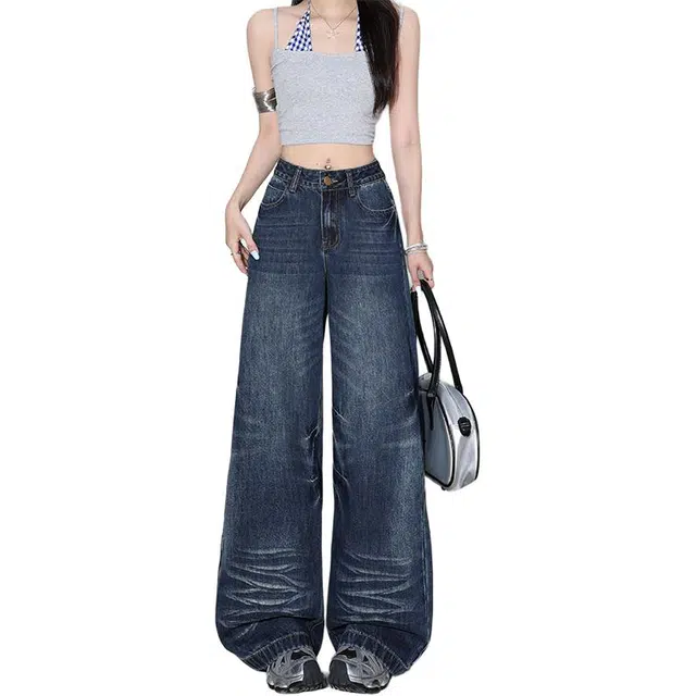 如续 美式复古设计感直筒宽松显瘦高腰拖地裤牛仔裤 女款