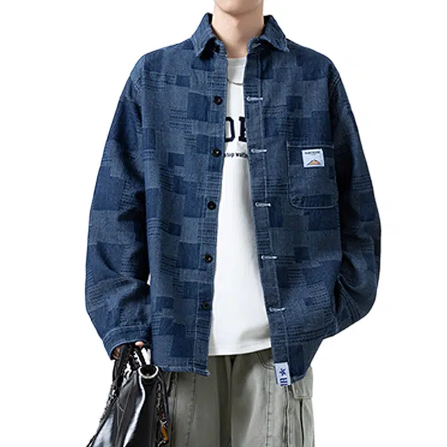 冈哉 不规则格纹拼接美式复古工装潮牌宽松百搭衬衫夹克春秋季休闲长袖衬衣牛仔外套 男女同款