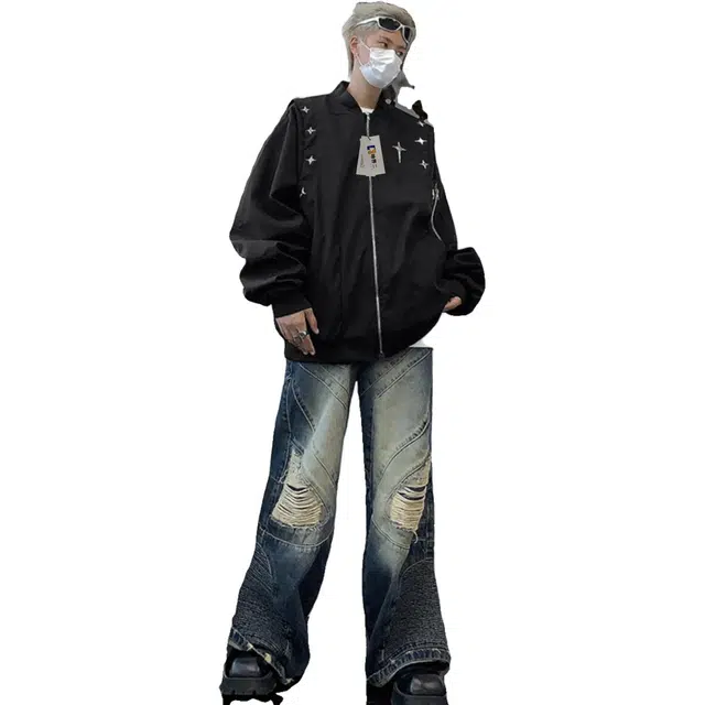 地界二 美式复古街头飞行员棒球服男潮牌宽松小众百搭休闲工装外套复古街头飞行员纯色收口夹克 男款