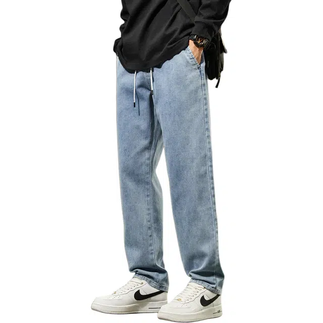 瑞梵帝斯 夏季凉感薄款美式复古潮流做旧水洗磨白时尚百搭青春流行休闲通勤日常松紧腰哈伦修身显高垂感裤男生牛仔裤 男款