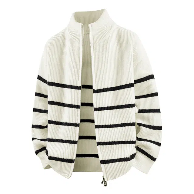 稻草人 黑白撞色条纹立领开衫外套秋冬加厚高级感法式慵懒风毛衫上衣半高领拉链针织衫 男女同款