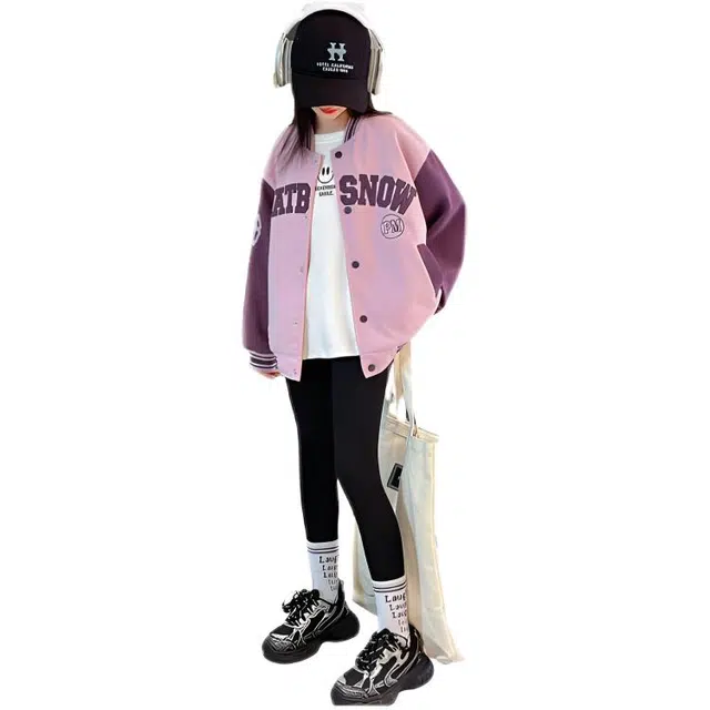 木木兔 棒球服 青春时尚女童外套学院风 宽松舒适 秋季简约百搭 拼色休闲运动字母 潮流洋气 青少年