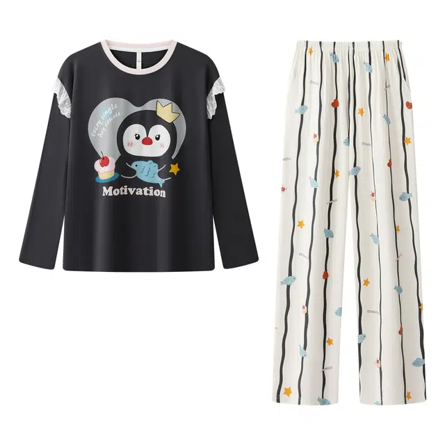 宫蝶 抗菌纯棉长袖卡通家居服休闲可外穿宽松舒适睡衣套装 女款