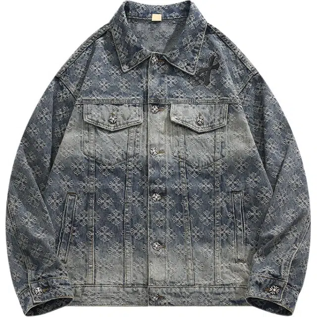 地界二 美式提花十字架重工痞帅小众设计感炸街夹克牛仔外套 男款