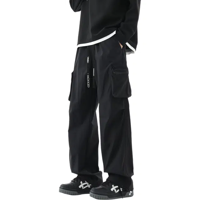 敦煌博物馆 美式高街纯色简约多口袋防泼水伞兵机能直筒阔腿显高显瘦可调节裤脚百搭户外运动休闲情侣工装裤 男女同款