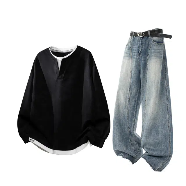 梓润格 假两件扎染老钱风内搭上衣无性别主义简约经典时尚潮流户外运动美式酷飒高级感阔腿高街宽松设计感弯刀裤卫衣套装 男女同款