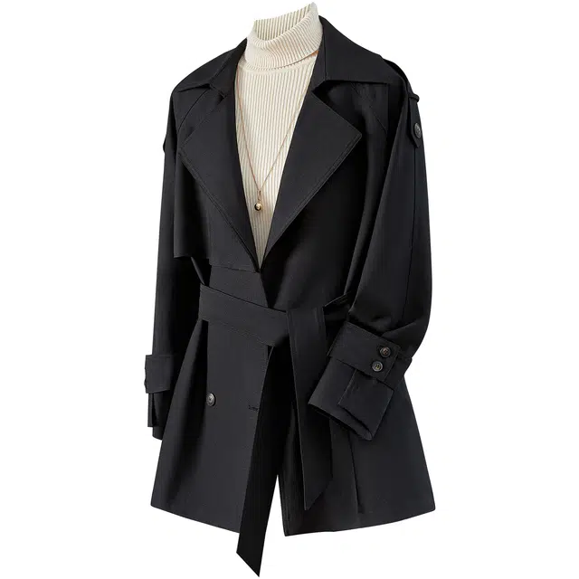 她池 英伦风外套翻领双排扣纯色中长款插肩长袖风衣 女款