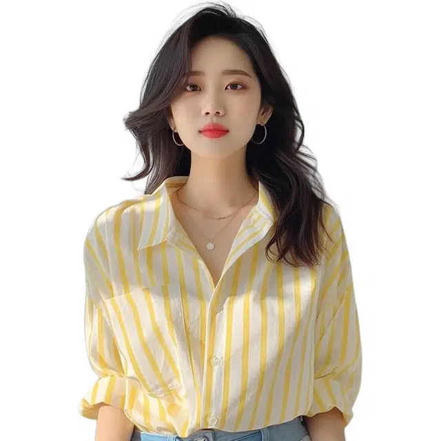 水中花 竖条纹早春衬衣欧货洋气小衫爆款海边防晒衫衬衫 女款