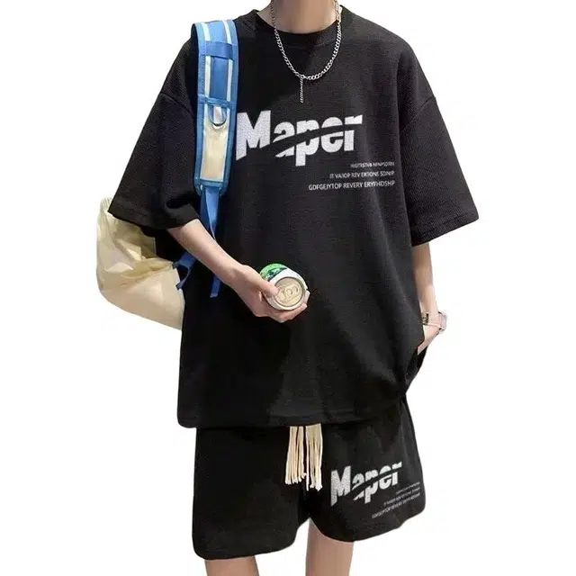 一碗士多 美式复古字母个性印花高级感设计舒适透气凉爽宽松时尚小众通勤日常百搭圆领上衣系带五分裤休闲运动套装 男女同款