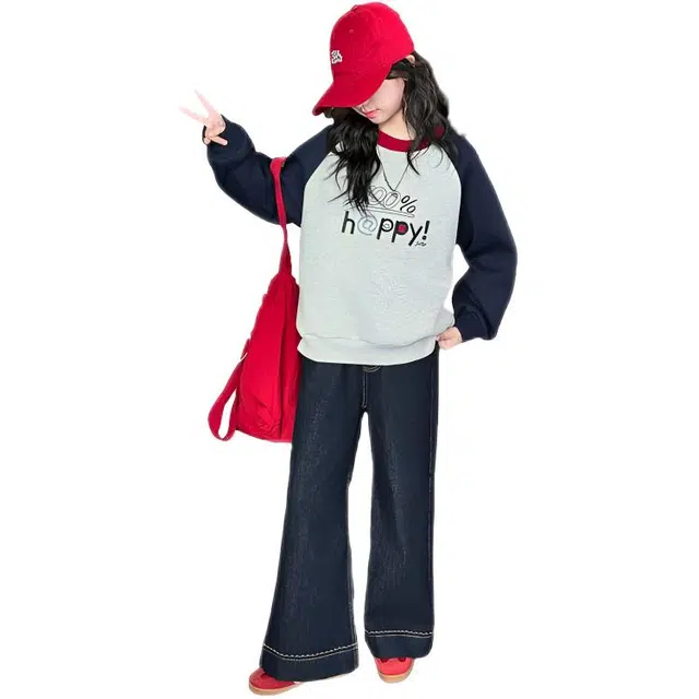 木木兔休闲运动套装 青春潮流时尚女大童秋季 学生 卫衣牛仔裤舒适两件套 宽松百搭 时髦洋气