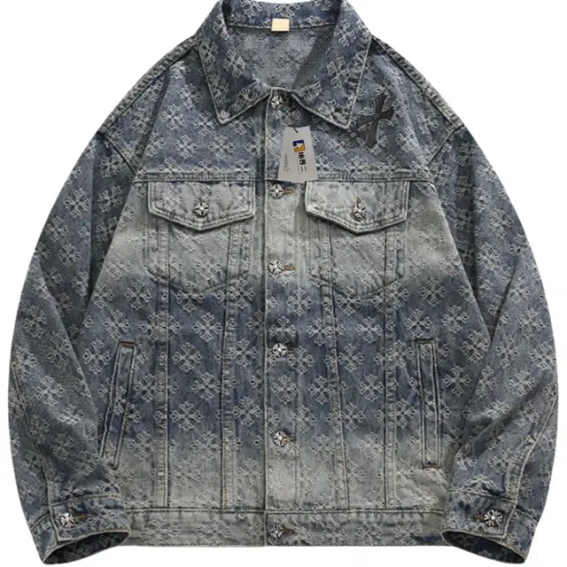 地界二 美式提花十字架重工痞帅小众设计感炸街夹克牛仔外套 男款