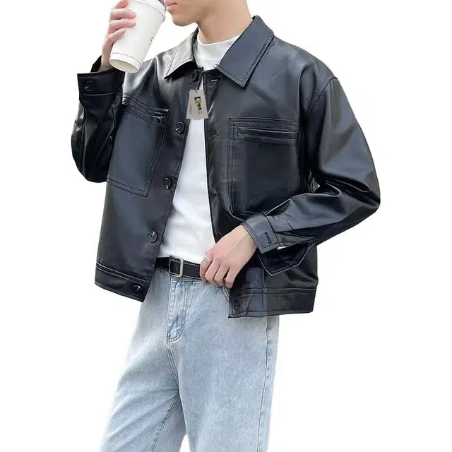 地界二 秋季男士潮流翻领休闲短款美式潮牌修身机车纯色外套男翻领休闲短款夹克 男款