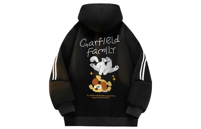 加菲猫家族 美式校园复古高街潮流时尚百搭个性条纹拼接休闲趣味卡通字母背面印花日常通行学院风宽松连帽长袖拉链开衫卫衣 男女同款