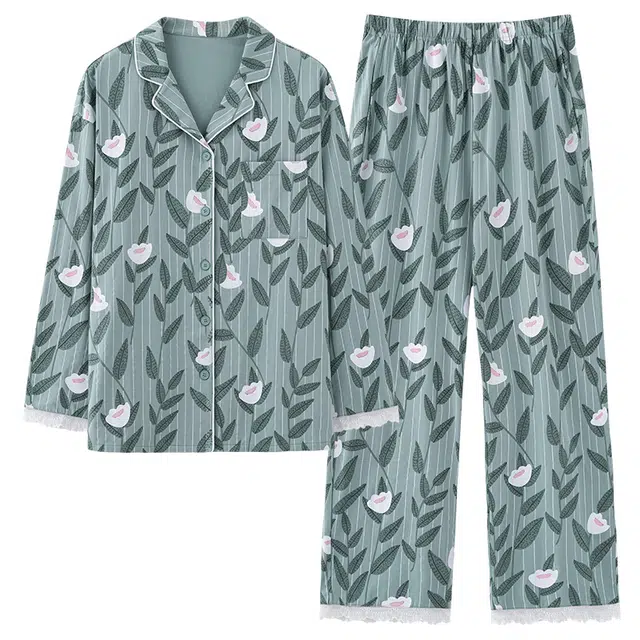 俏霓桐 春秋季优雅蕾丝清新花朵简约休闲百搭舒适纯棉亲肤长袖长裤家居服可外穿睡衣套装 女款