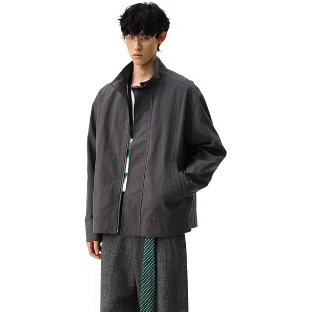 冈哉 美式复古拉链立领休闲机车简约帅气老钱风垂感痞帅宽松少年感舒适潮搭长袖外套夹克  男女同款