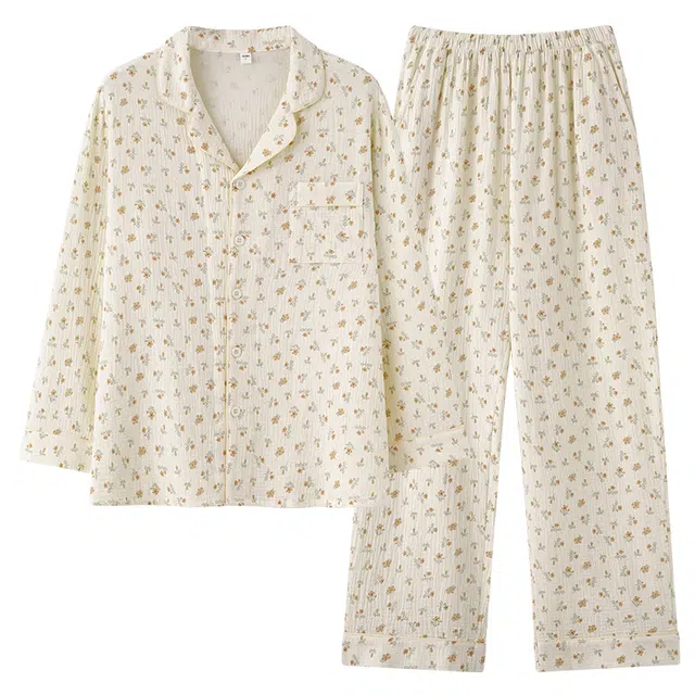 俏佳人 云朵棉系列 开衫翻领碎花满印舒适亲肤透气休闲宽松长袖长裤家居服睡衣套装 女款